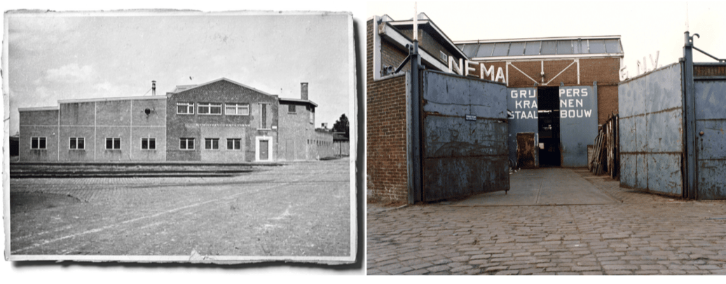 Historic photos of Nemag’s early workshop and machinery, highlighting the company’s roots and evolution in dry bulk grab manufacturing.