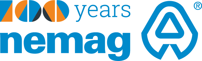 Nemag 100-year anniversary logo, celebrating a century of innovation in dry bulk handling and grab technology.